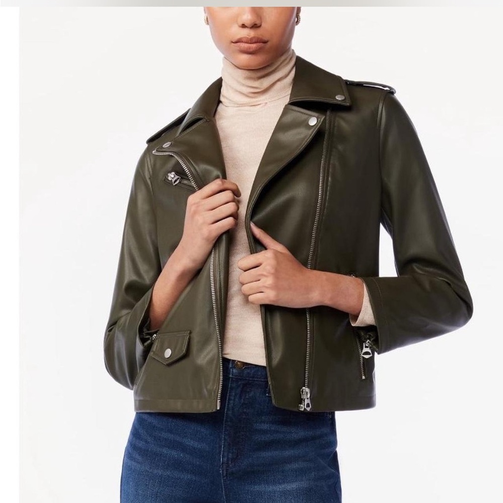 Scoop Moto Stylish Olive Faux Leather Jacket for Women Size XL